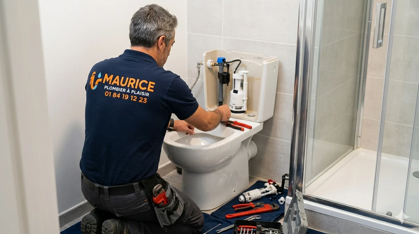 Maurice, plombier, intervient sur un WC dans une salle de bain à Plaisir